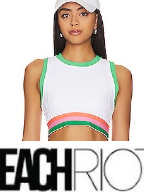 Beach Riot Tops - Beach Riot White Ribbed Crop Tank with Green and Coral Stripe Accents